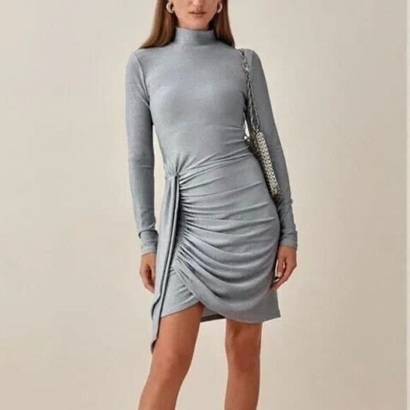 Reformation Paprika Light Blue Sparkle Long Sleeve Mini Dress Large - Picture 1 of 7